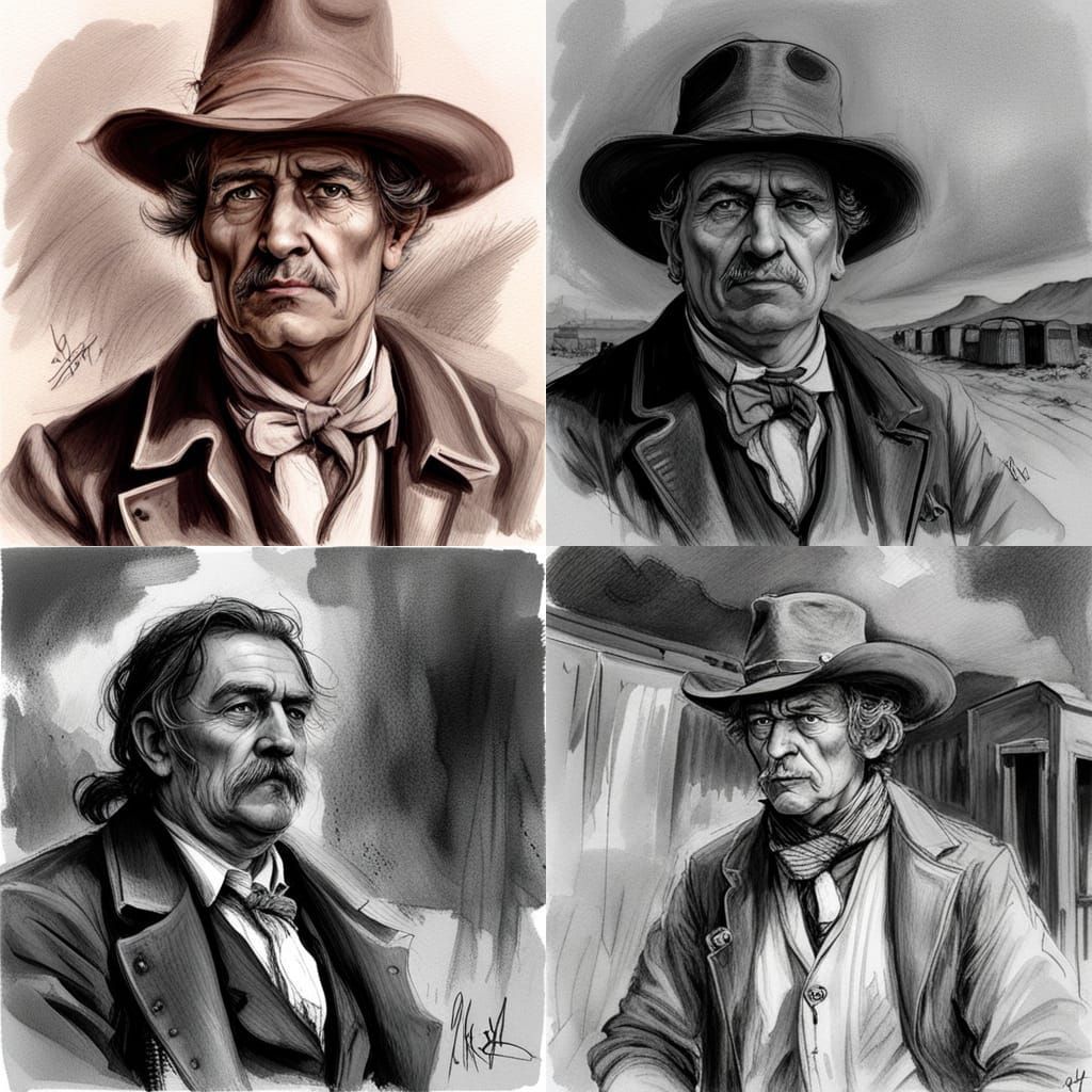 Wild West Caravan Merchant: Sepia Pencil Sketch