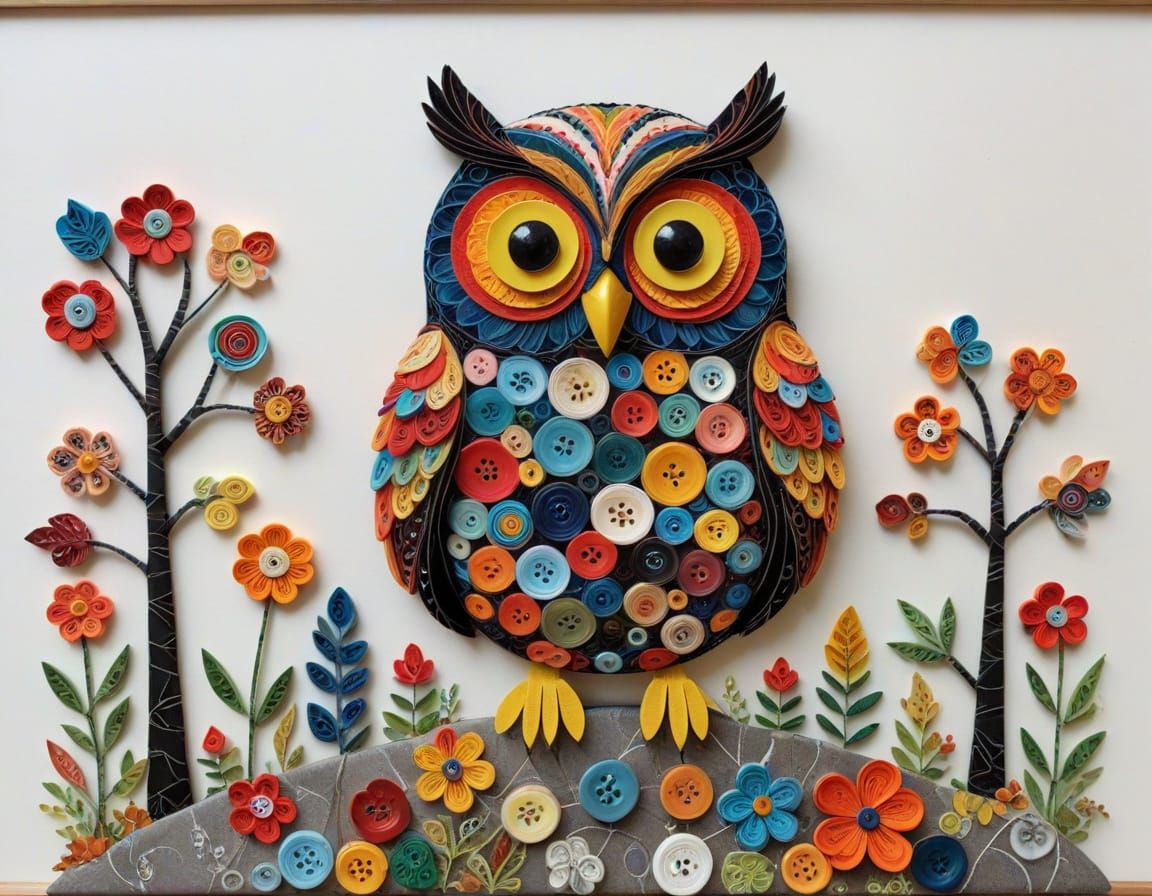 Colorful Embroidered Owl in Naive Folk Art Style