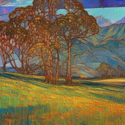 Stained Glass Landscape in Impressionist Style