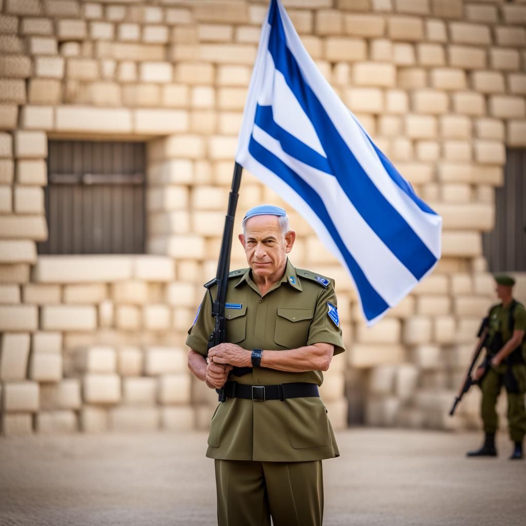 Binyamin Netanyahu Portrait with Israeli Flag