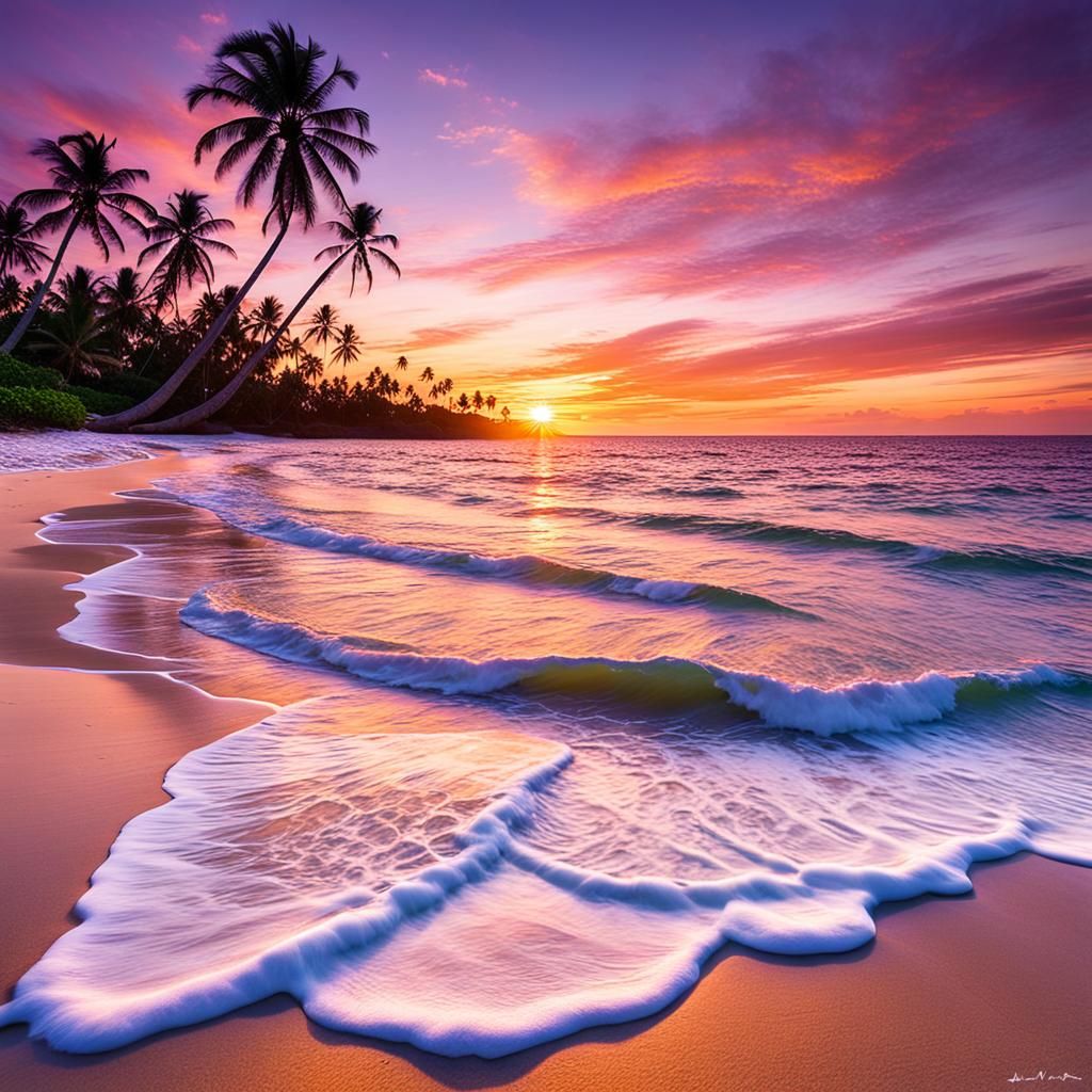Tropical Sunset Over Pristine Beach with Palms