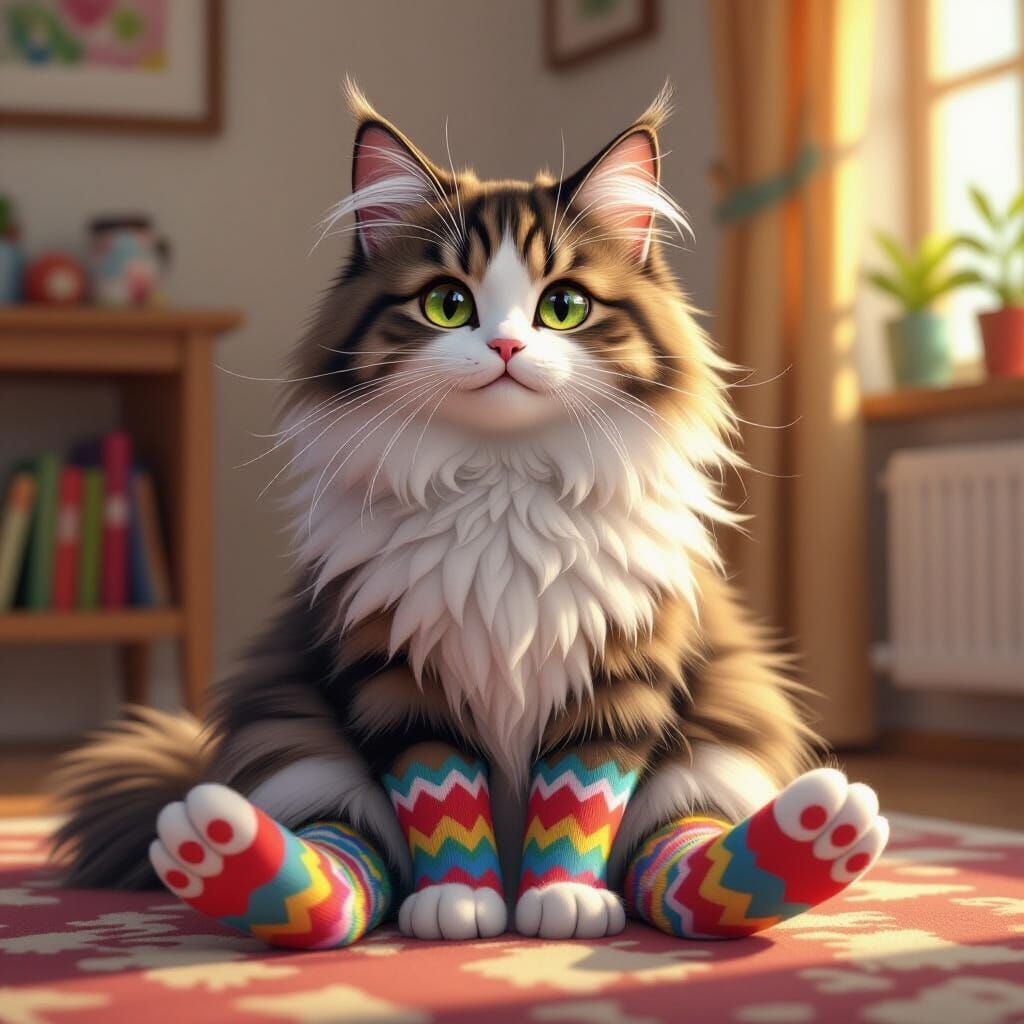 Siberian Cat with Socks: Whimsical 3D Anime Art