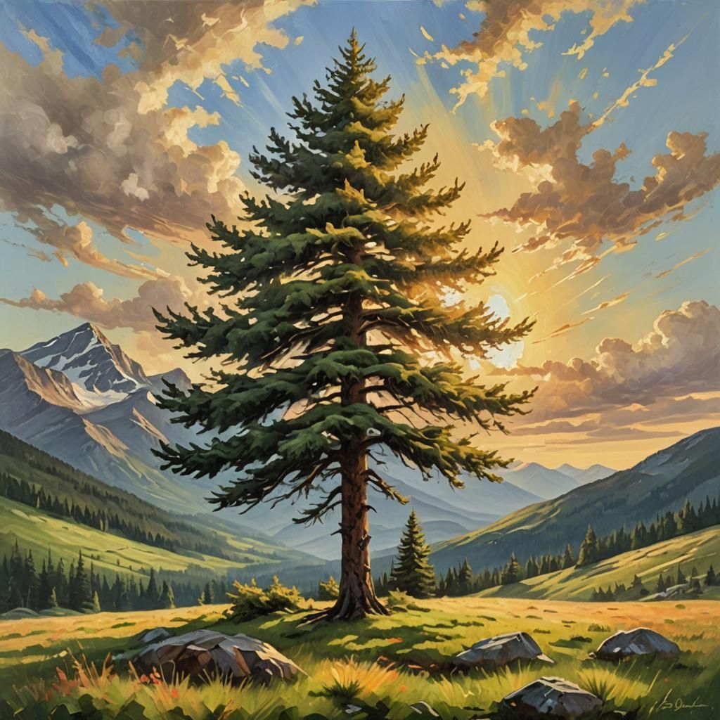 Spruce Tree in Mountain Meadow Oil Painting