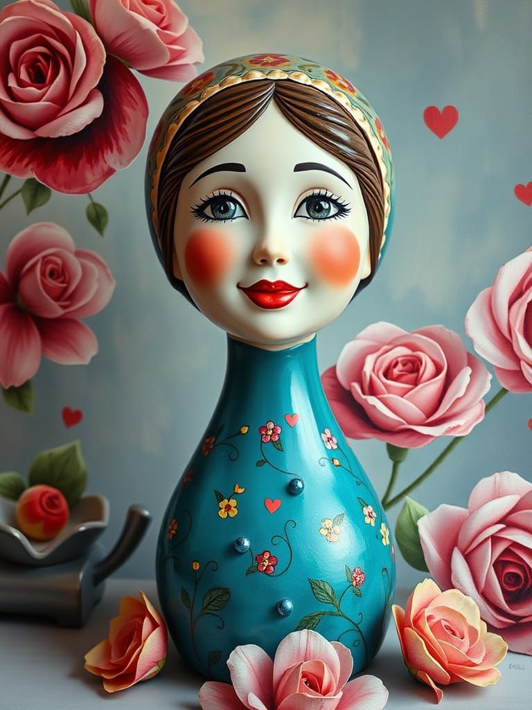 Matryoshka Doll with Realistic Face and Floral Background