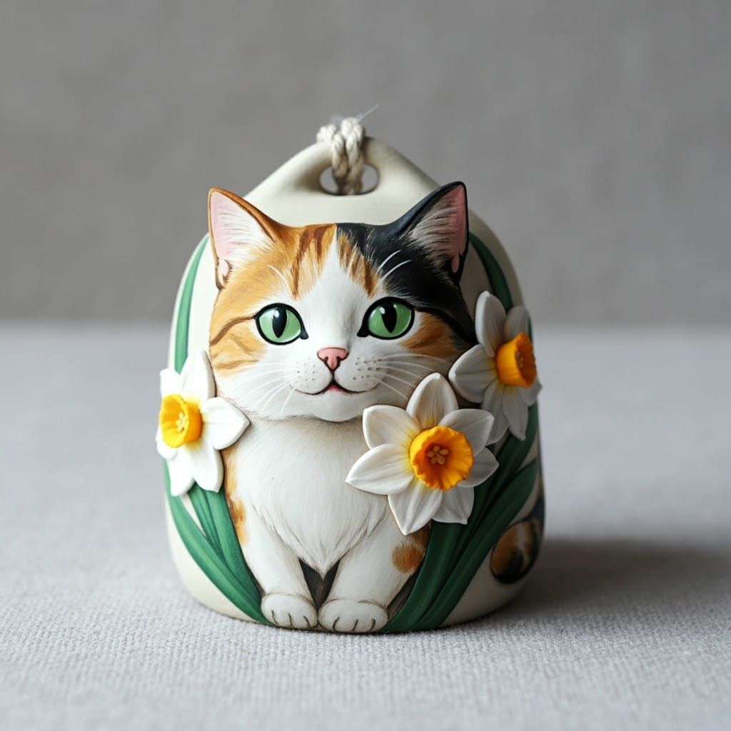 Calico Cat Dorei Clay Bell with Narcissus Flowers