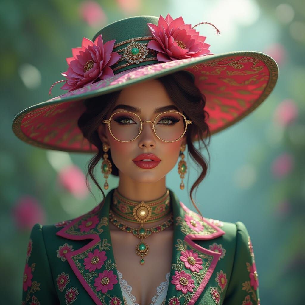 Ornate Hat Woman with Pink & Green Accents in Dreamlike Styl...