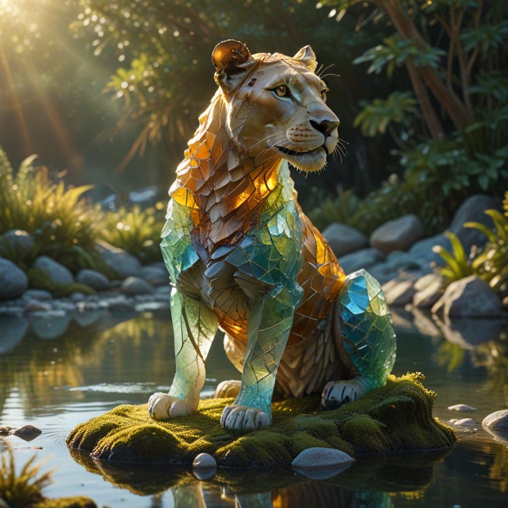 Lioness Sculpture of Sea Glass in Coastal Lagoon