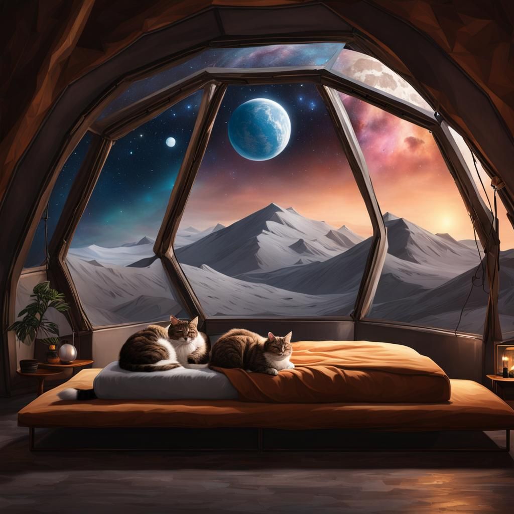 Man and Cats Sleeping in Lunar Dome