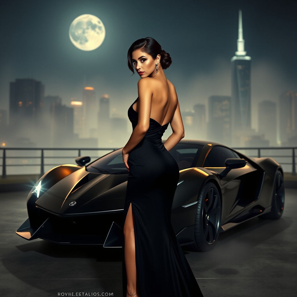 Elegant Woman in Futuristic Cityscape: Noir Aesthetics