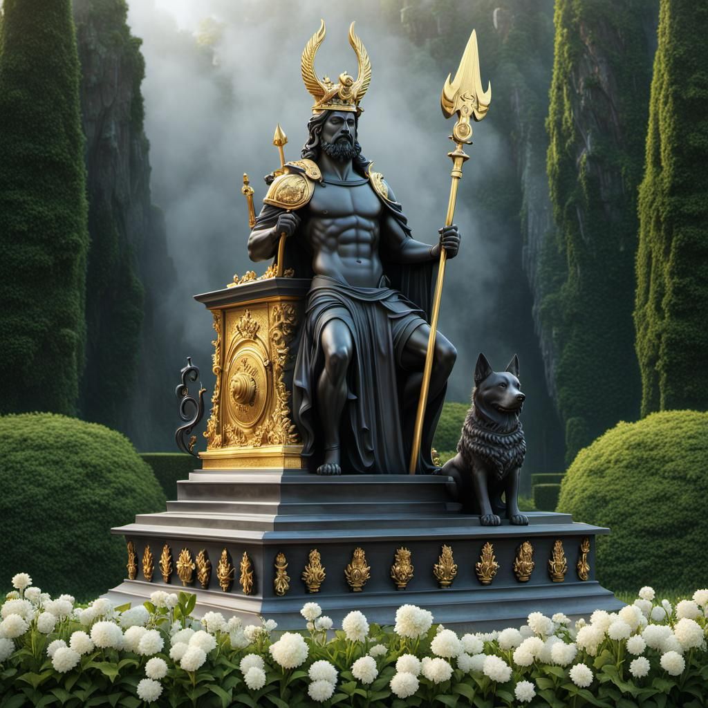 Iron metal and gold mausoleum: gold statue of Hades intricately detailed, Black metal hellenistic fireplace with fire, R...
