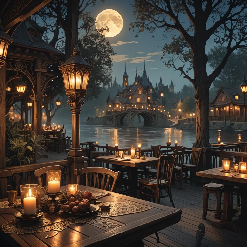 Riverside Restaurant Under Moonlight, Dark Fantasy Art