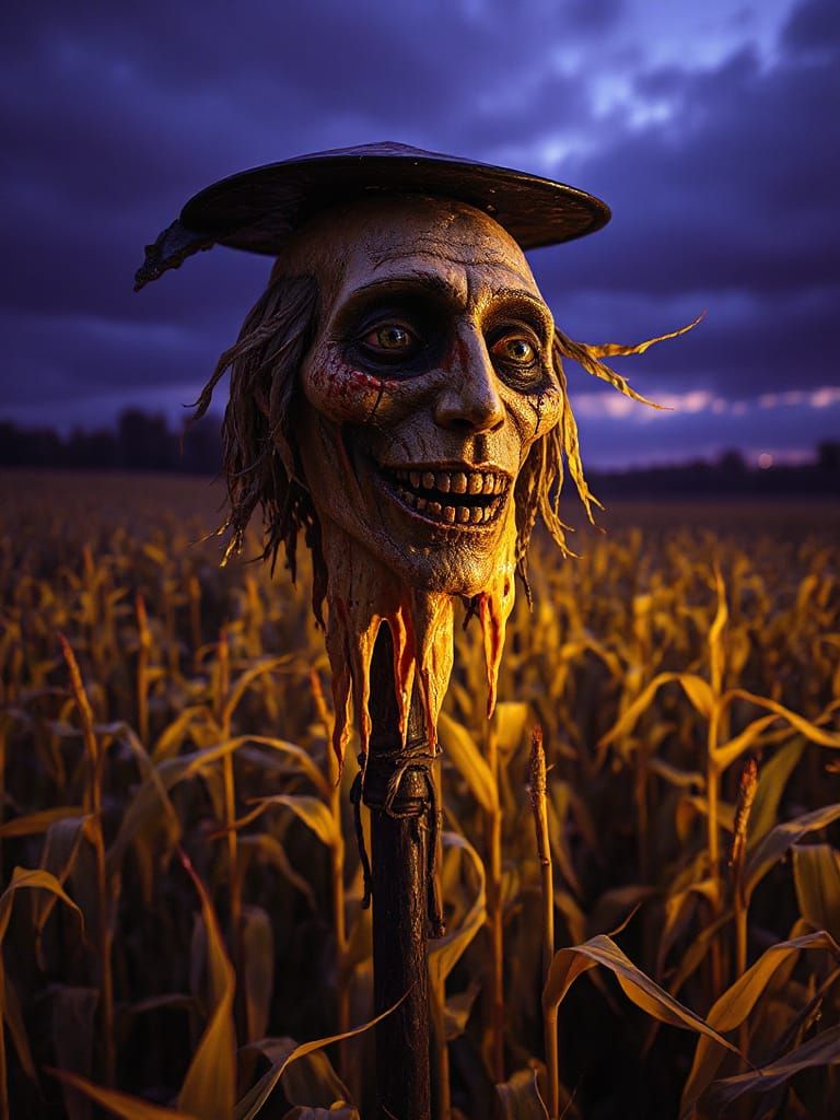 Melting Scarecrow in Cornfield: Dark Fantasy Art