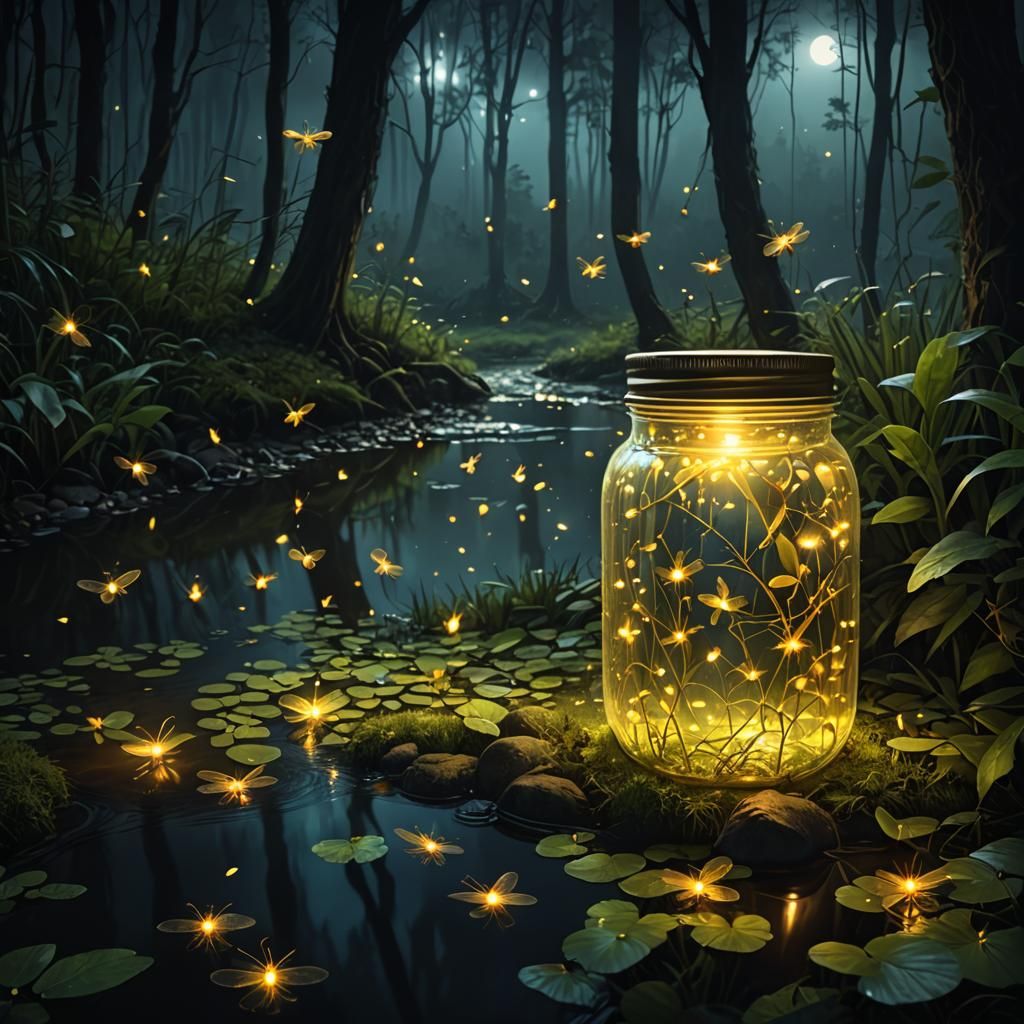 Fireflies in a Jar by Forest Stream