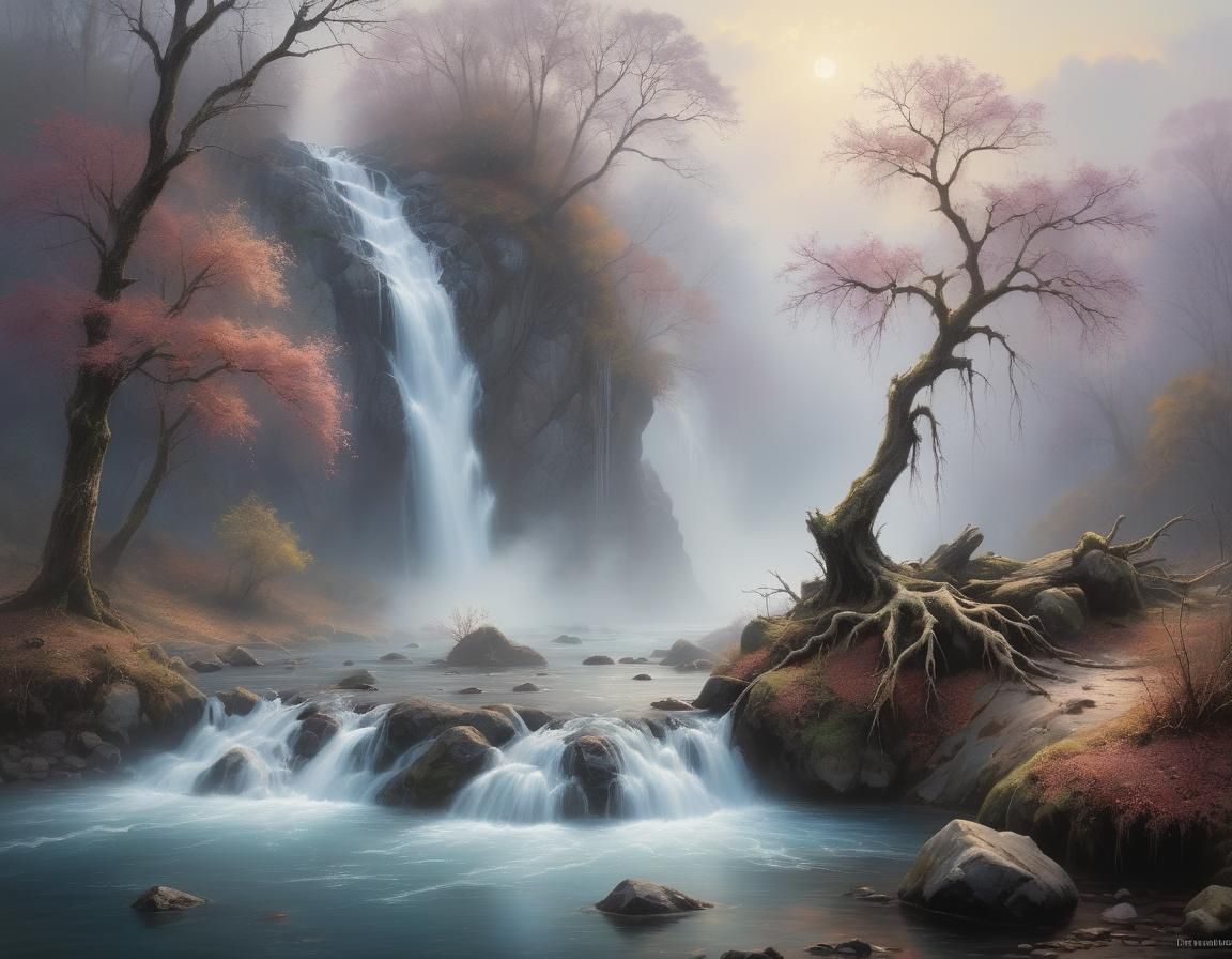 Ethereal Waterfall Scene with Lonely Tree