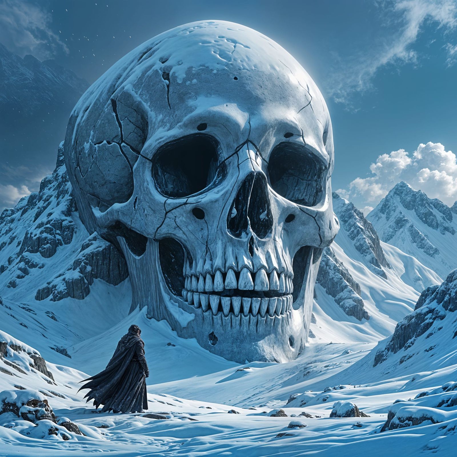 Colossal Skull in Snowy Mountain Landscape