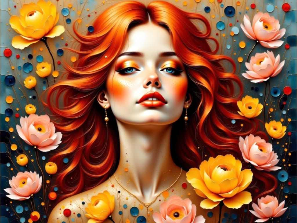 Impasto Oil Portrait of Woman Amidst Blooming Flowers