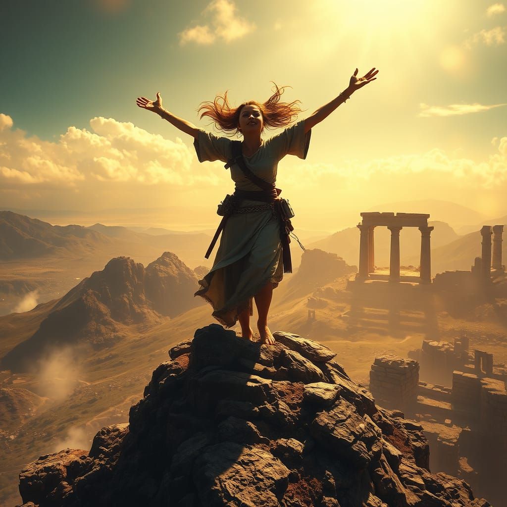 Triumphant Warrior Soars Amidst Ancient Ruins