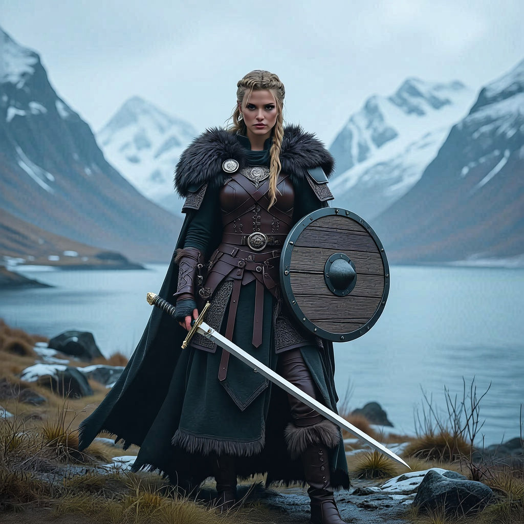 Viking Shieldmaiden in Nordic Landscape, Photorealistic Styl...