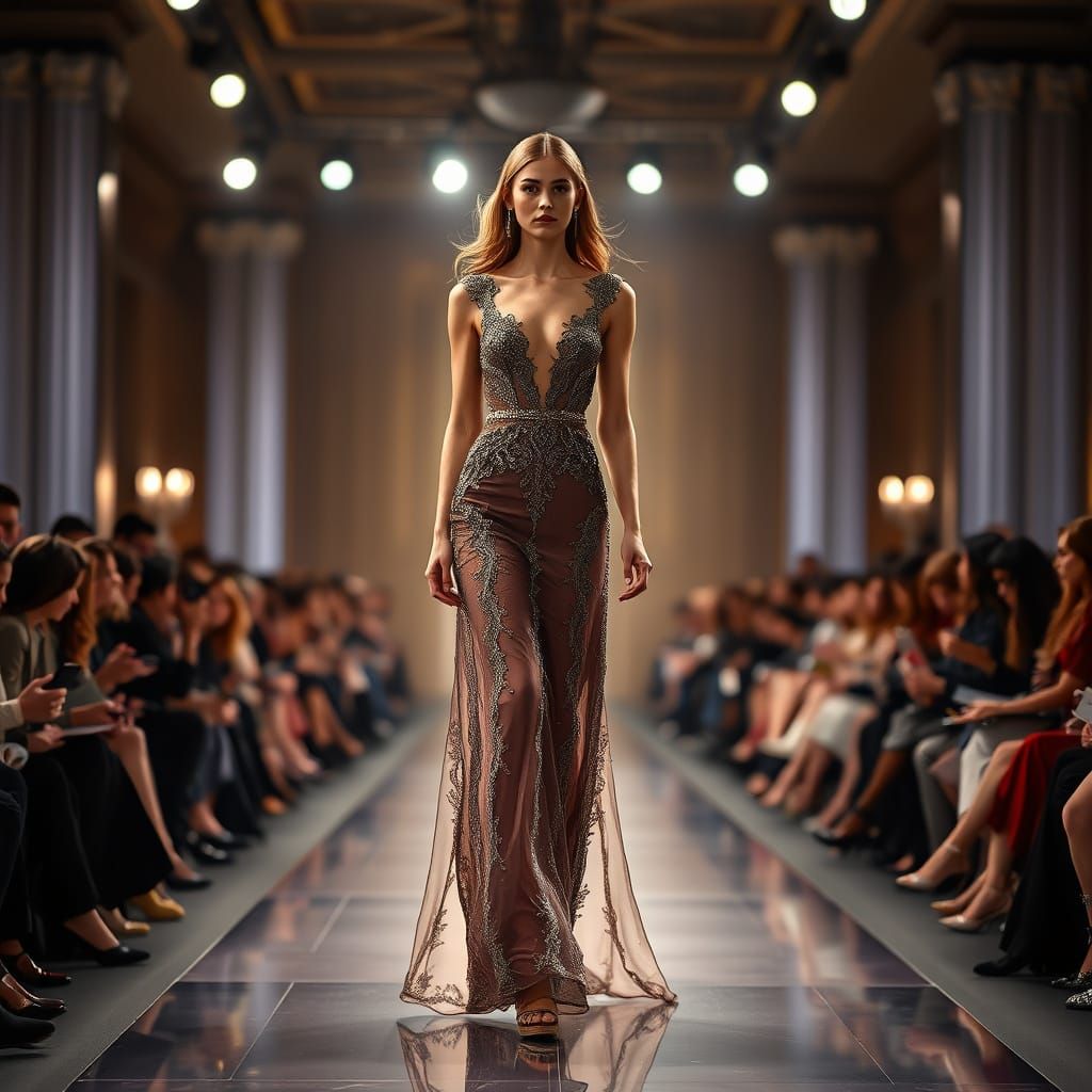Elegant Milano Runway Model in Sheer Evening Gown