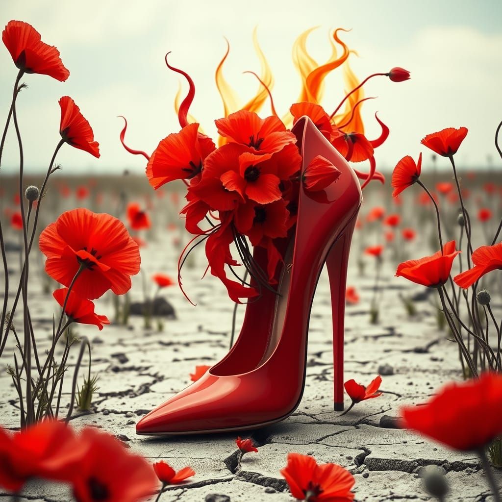 Red Stiletto with Poppies in Surreal Landscape