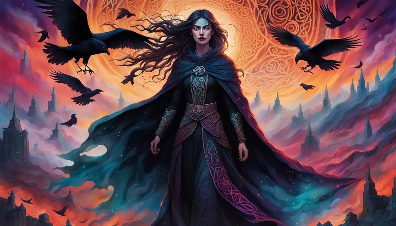 Morrigan on Battlefield in Vibrant Mixed Media Style