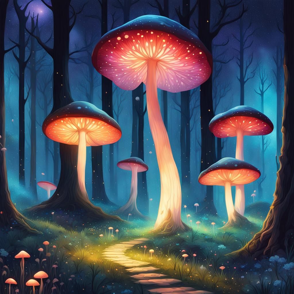 Luminous Mushrooms Guide to Moonlit Grove, teamLab Style