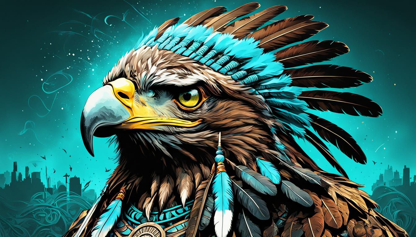 Native American Warrior Eagle Digital Art in Vibrant Turquoi...