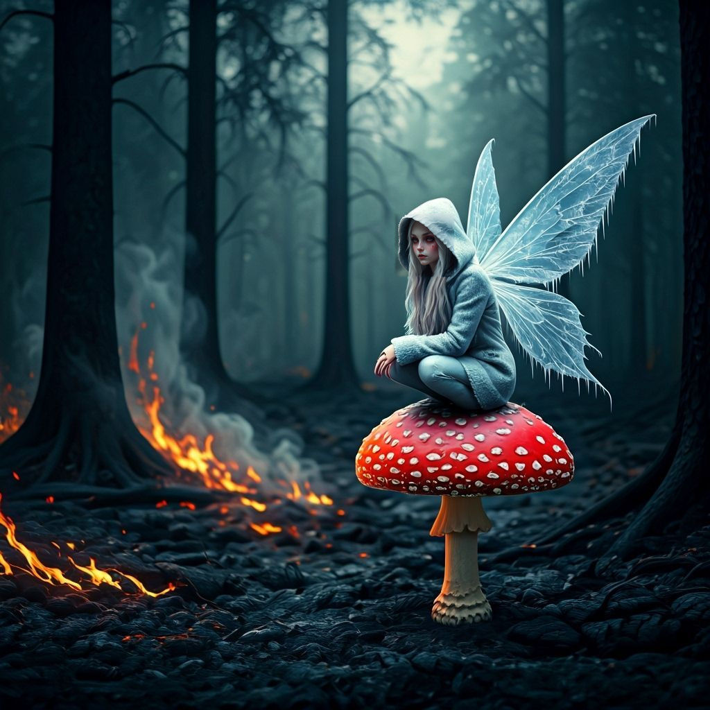 unconventional frozen fairy on a mushroom in summer heat and fix faces