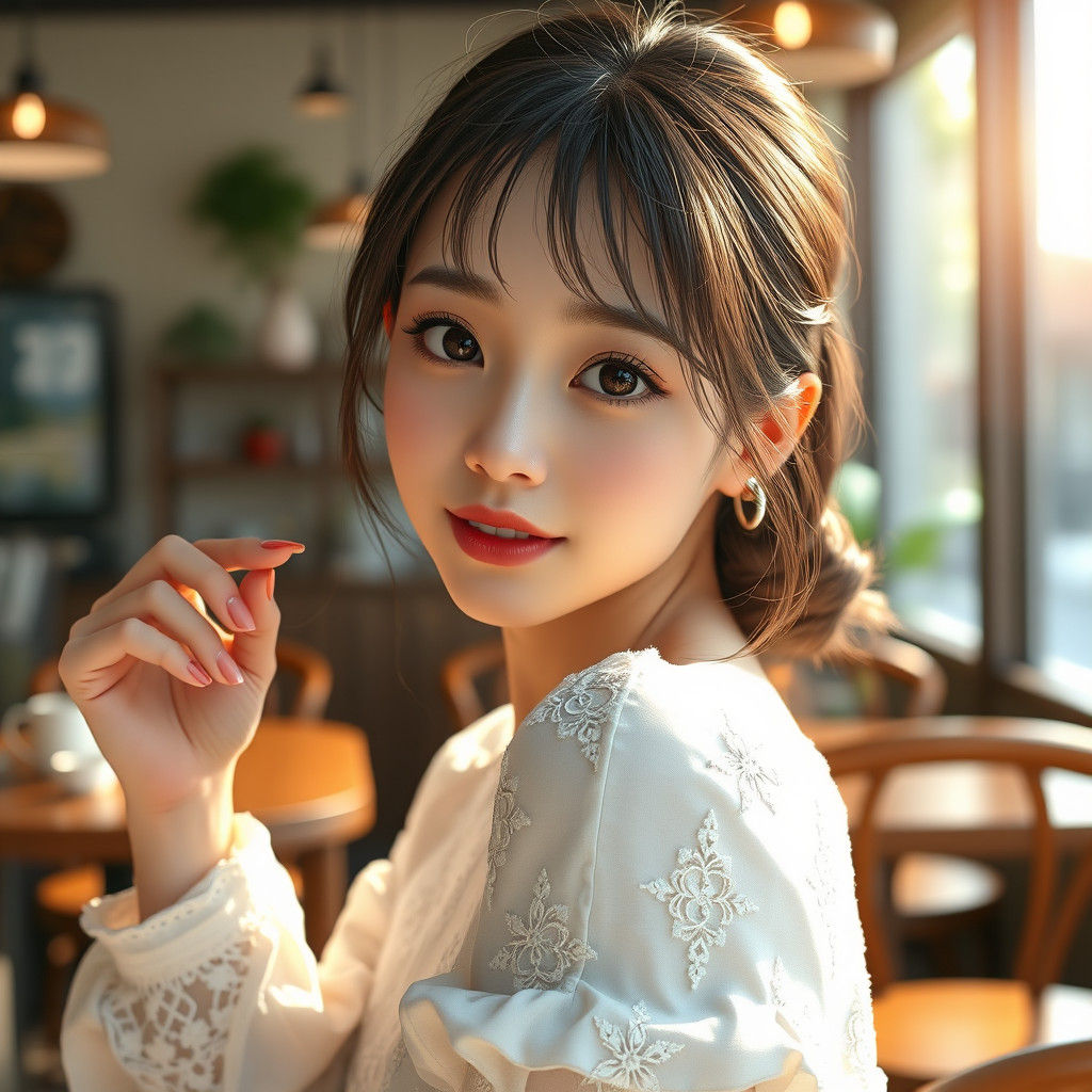 Asian Idol in Coffee Shop, Hyperrealistic 3D Anime Art