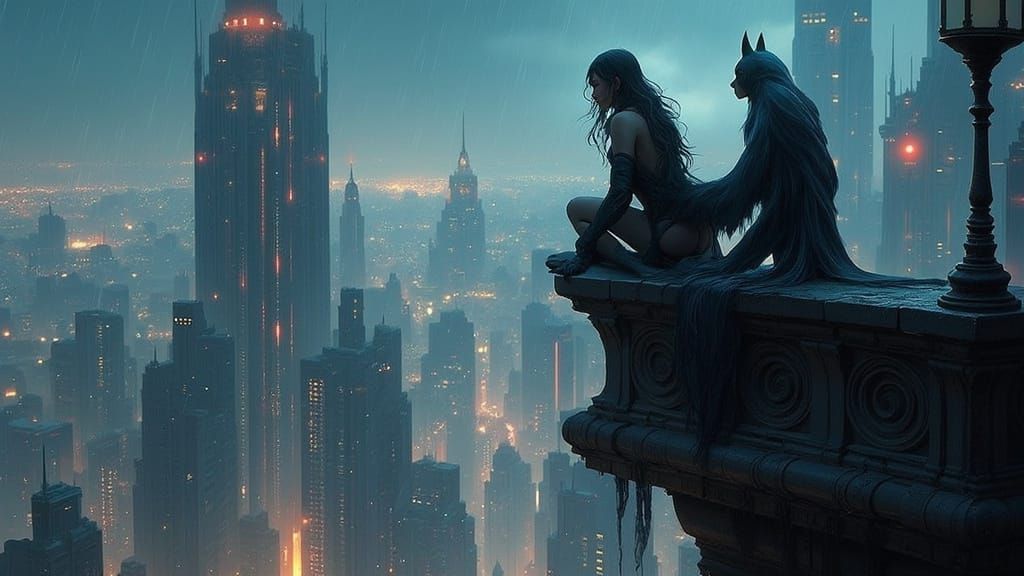 Batgirl Overlooking Rainy Gothic Metropolis