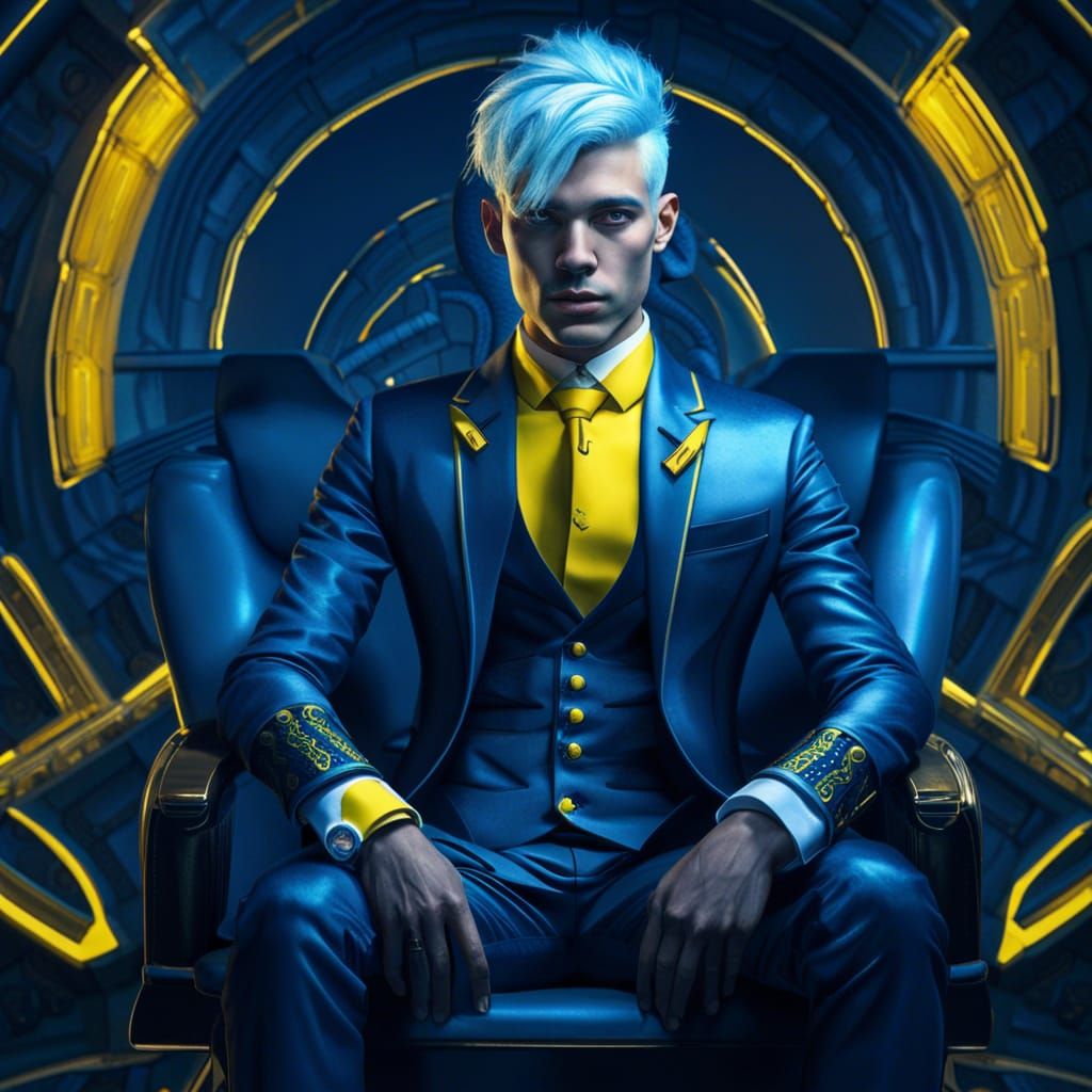 Futuristic Man with Blue Hair on Sci-Fi Throne