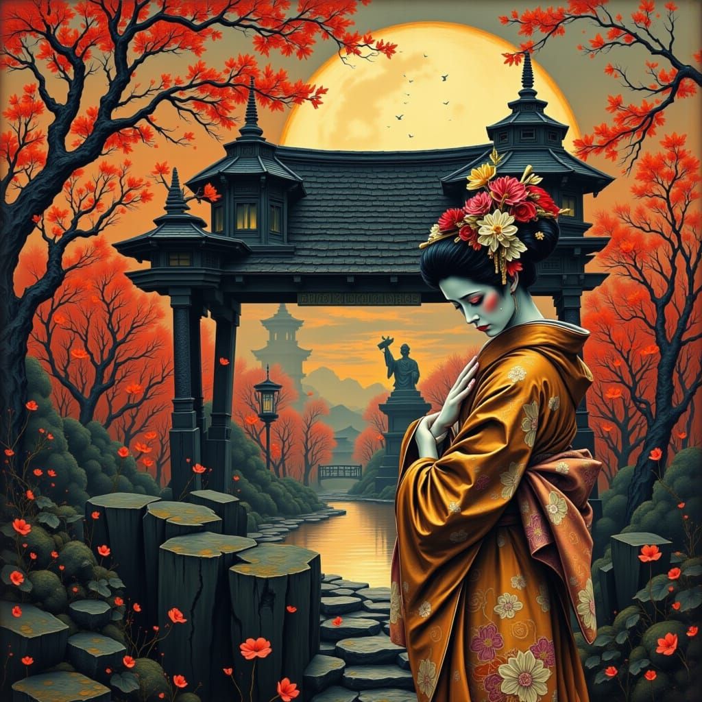 Mourning Geisha and Samurai Lover in Japanese Temple