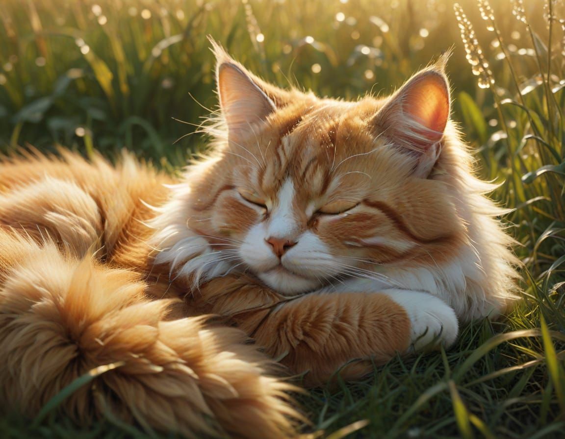 A cat sleeping in a quiet morning field