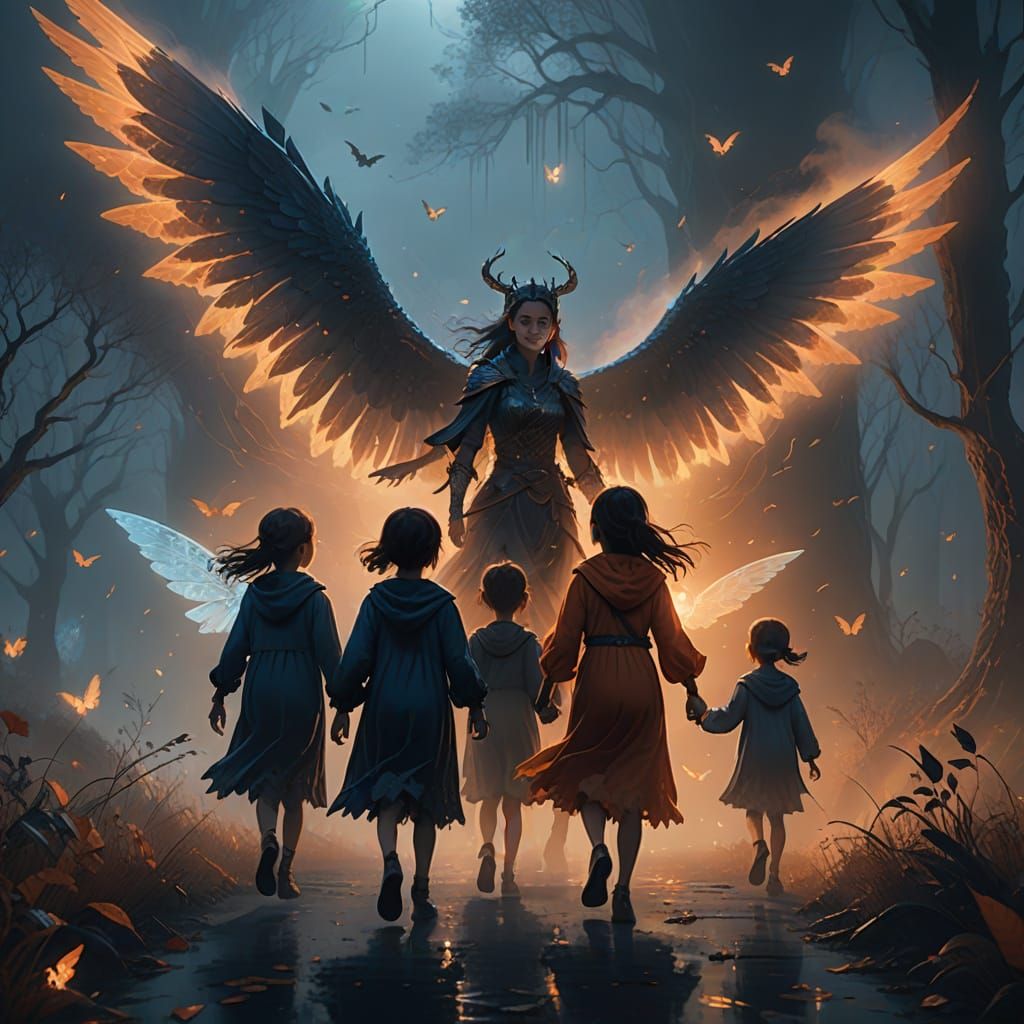 Fantasy Scene: Woman, Children, and Winged Creature