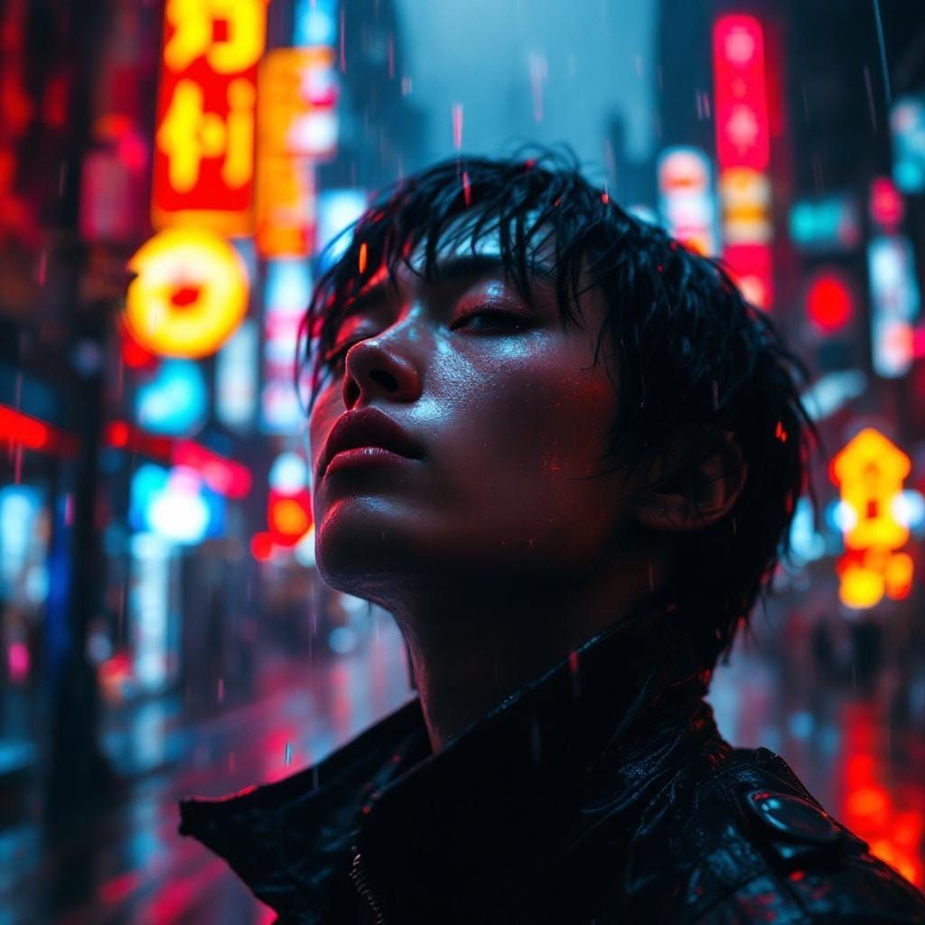 Cyberpunk Neon Reflections in Rainy Cityscape