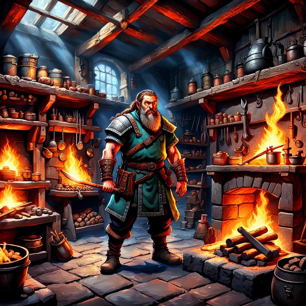 Blacksmith at Forge: Detailed Fantasy Art