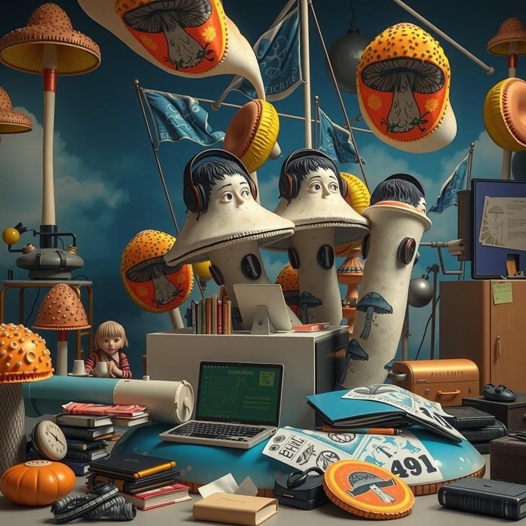 Giant Mushroom Bureaucrats in Surreal Forest Sculpture