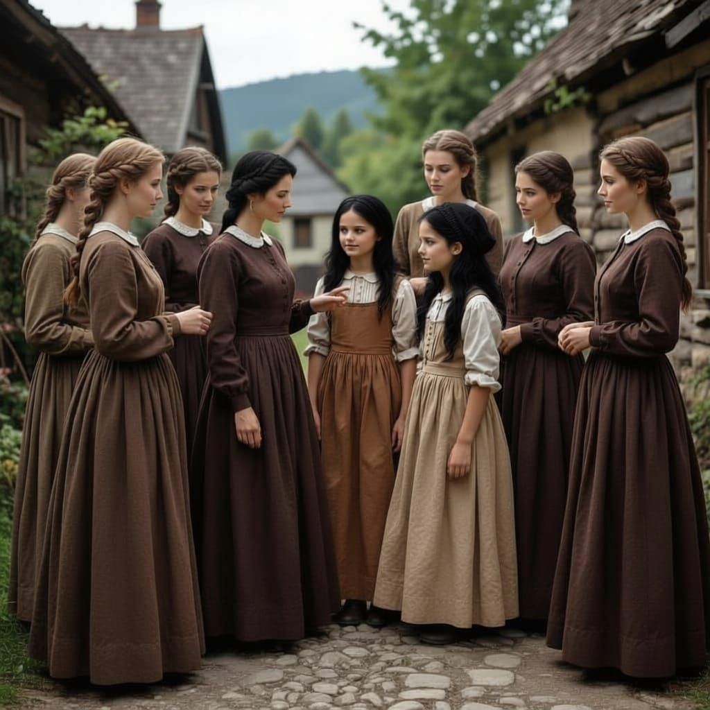 Blonde Girls Greeted by Dark Haired Villagers in Old Fashion...