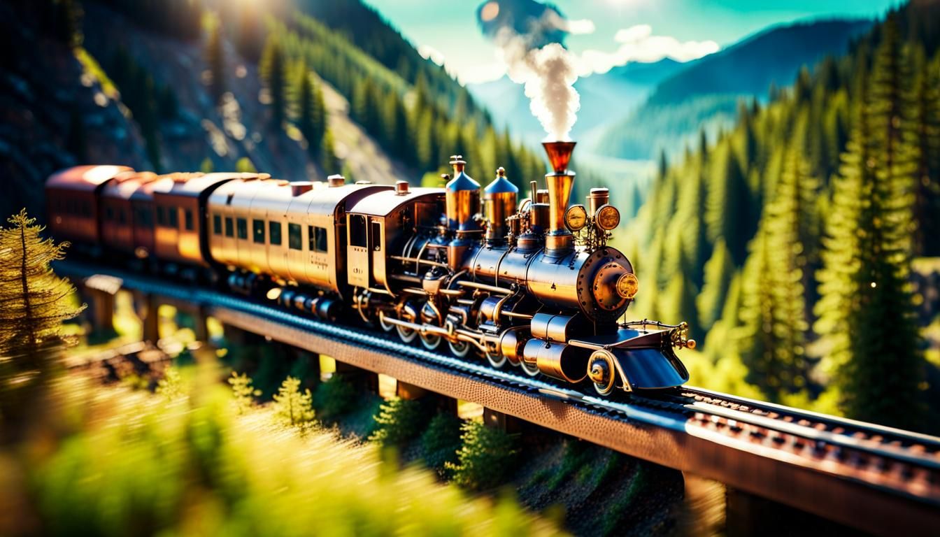 Steampunk Train in Sunny Valley: Tilt-Shift Photo