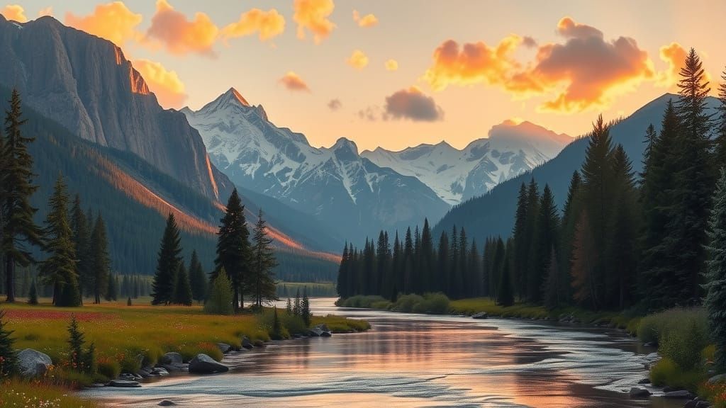 Mountain Panorama at Sunset in Romantic Landscape Style