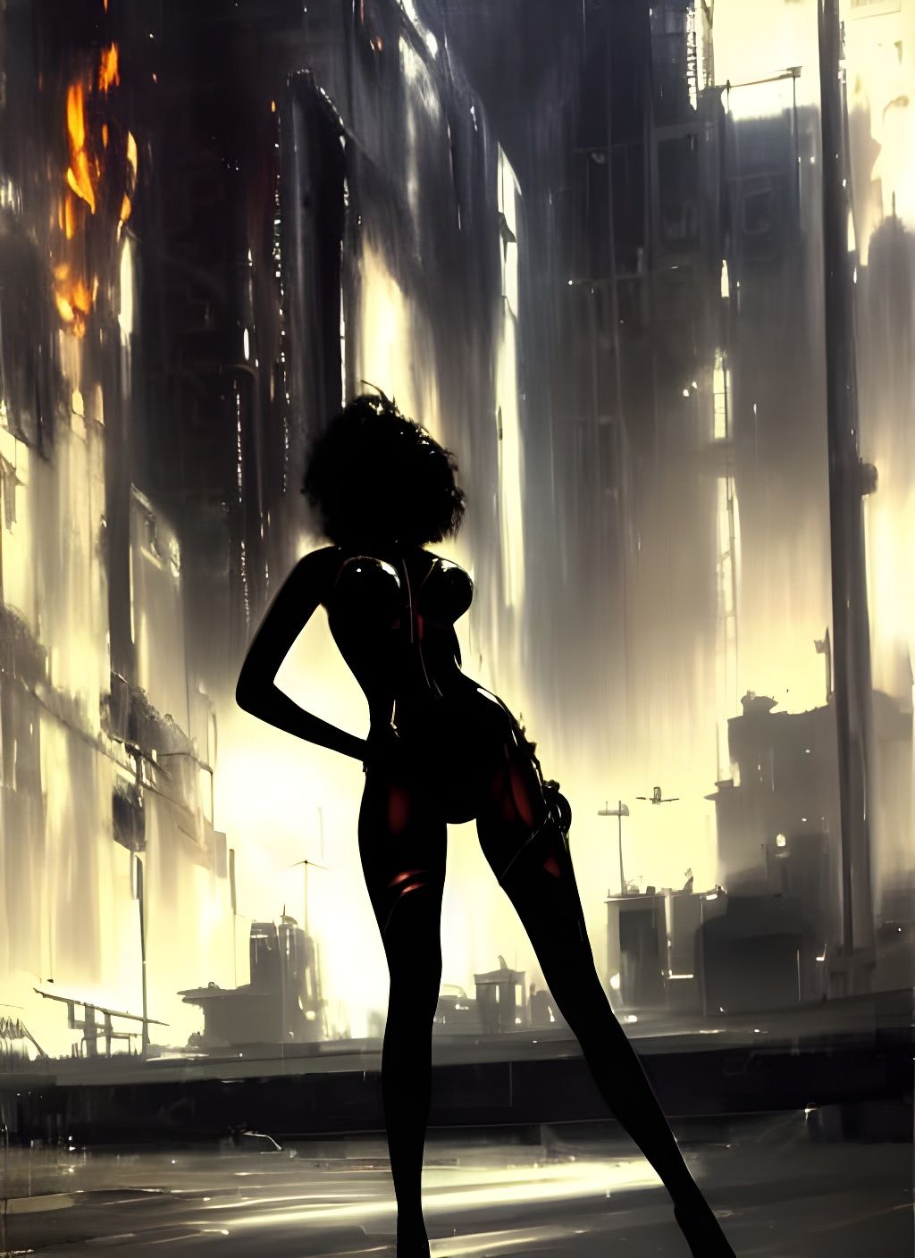 Provocative Woman in Burning City, Digital Art