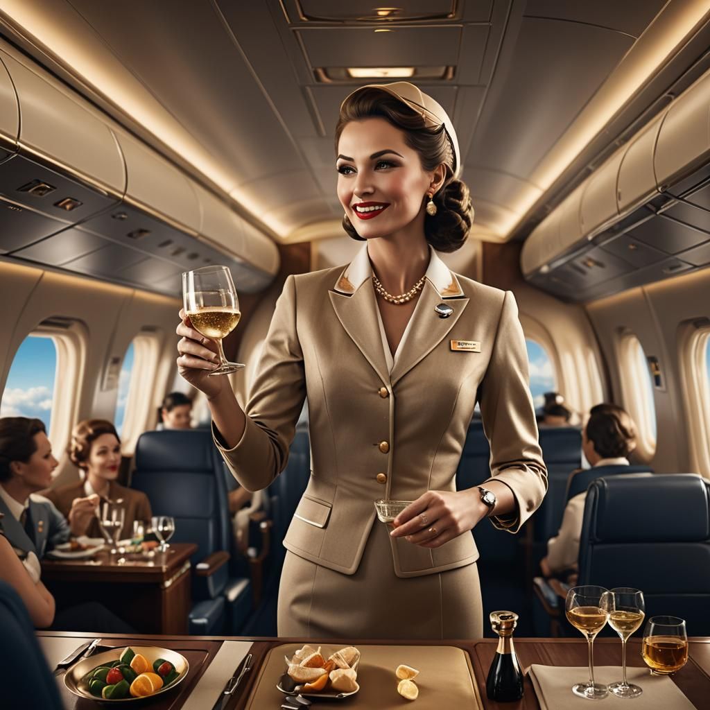 Elegant Flight Attendant Serving Champagne, Detailed Art