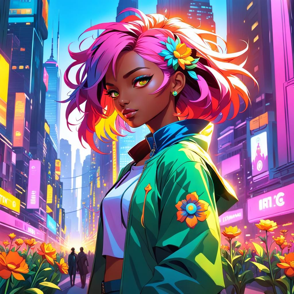 Realistic City Goddess Amidst Vibrant Metropolis