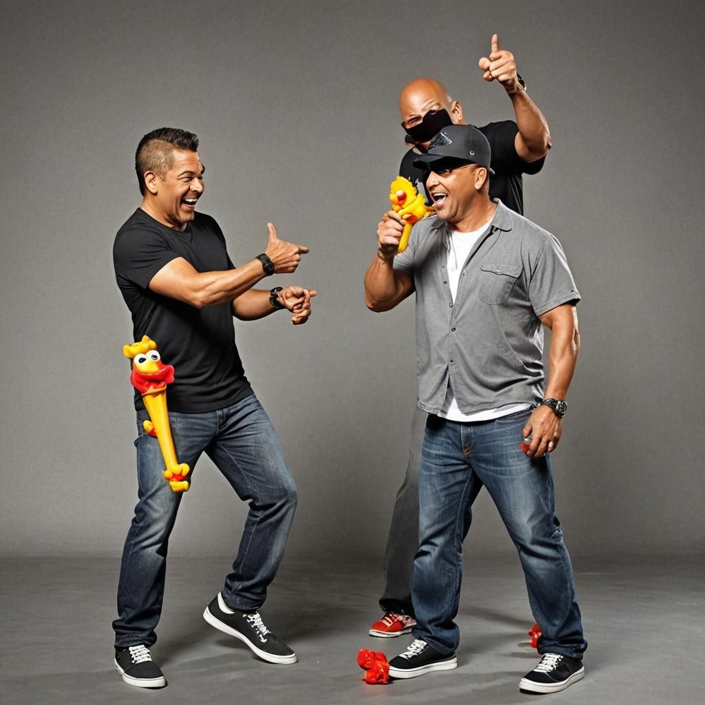 60 year old George Lopez and Vin Diesel squeezing rubber chi...
