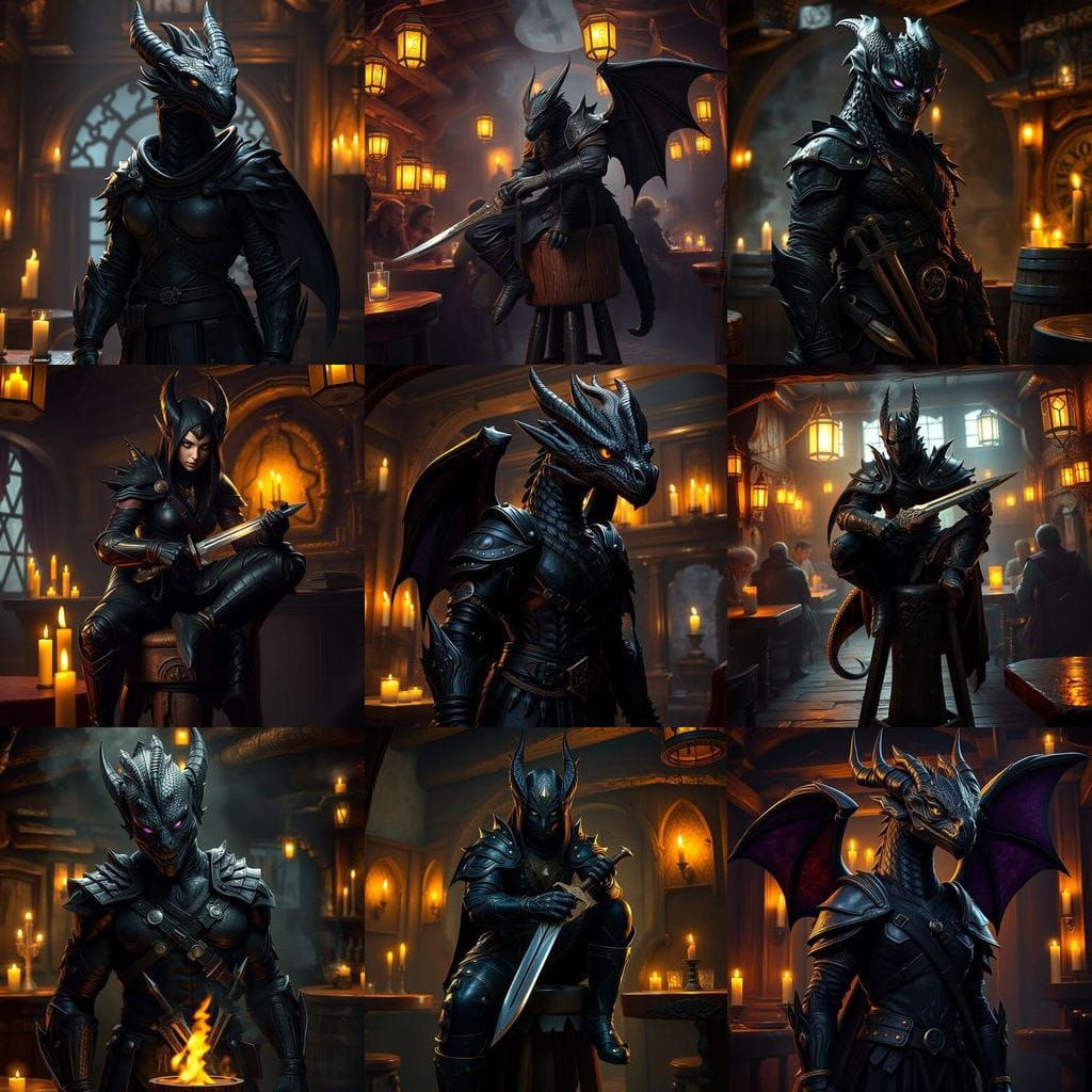 Ethereal Female Blackdragonborn in Dark Fantasy Tavern