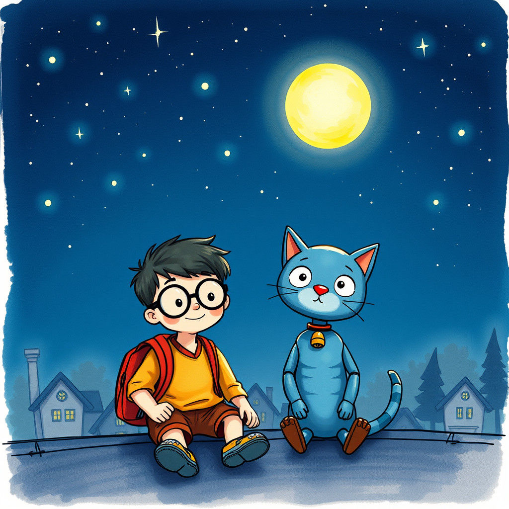 Cartoon Friends Under a Starry Sky