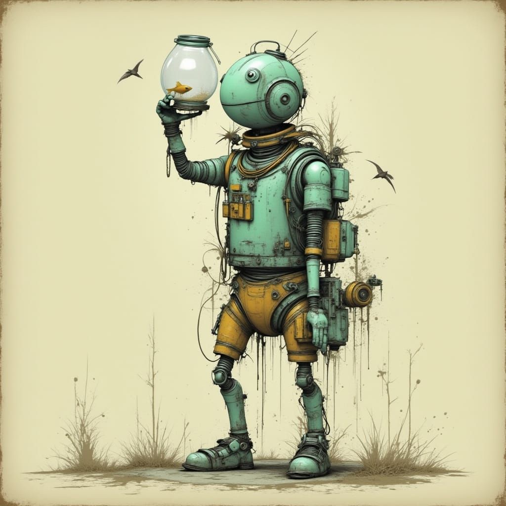 Cute Robot Holding a Fishbowl