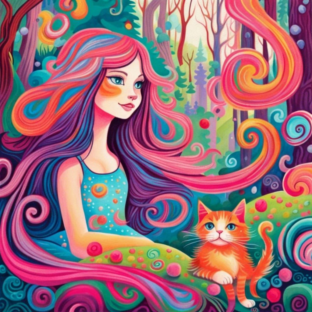 Cat and Girl in Candyland Gouache Wonderland