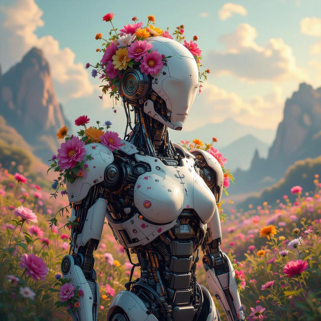 Majestic Robot Adorned with Blooming Flowers in Surreal Land...