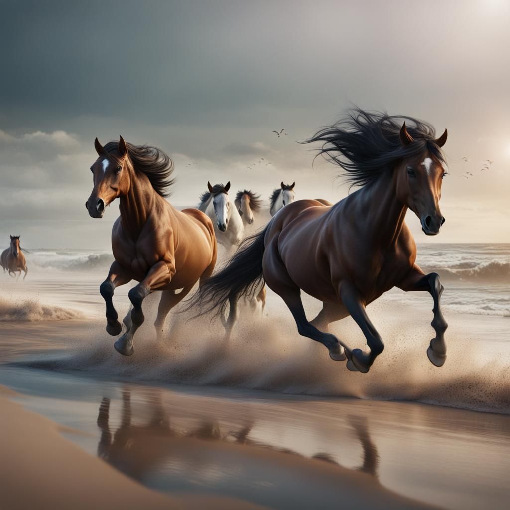 Horses Running on Beach: Detailed Matte Painting